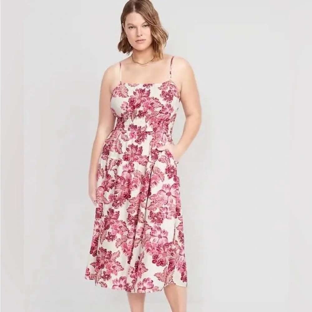Old Navy Linen Blend Waist-Defined Floral Smocked Midi Cami Dress XL Cottagecore
